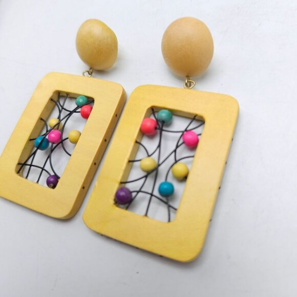 Vintage 1980s Yellow Wooden Rectangle Earrings With Colorful Bead Accents - Picture 2 of 5